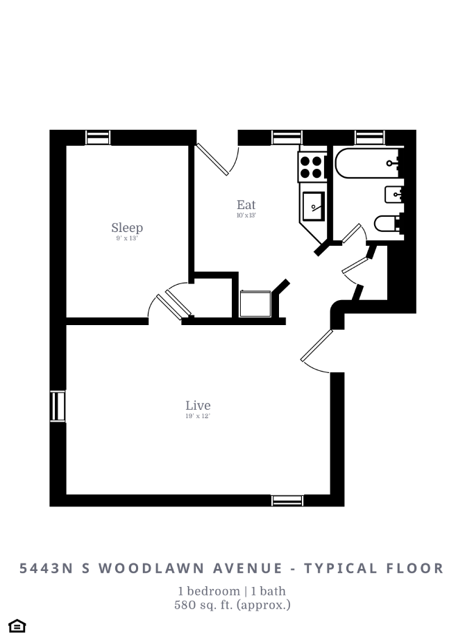 Floor plan for 1 bed, 1 bath, 580 sqft